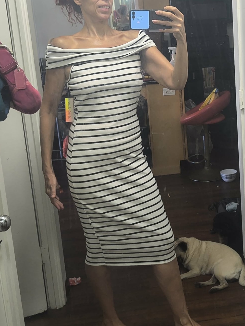 Derek Heart Black & White Striped Off Shoulder Midi Dress XL NWT